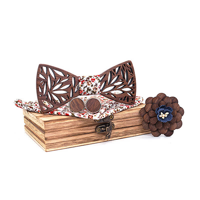 Lot de 4 nœuds papillon en bois à motif de feuilles creuses pour homme