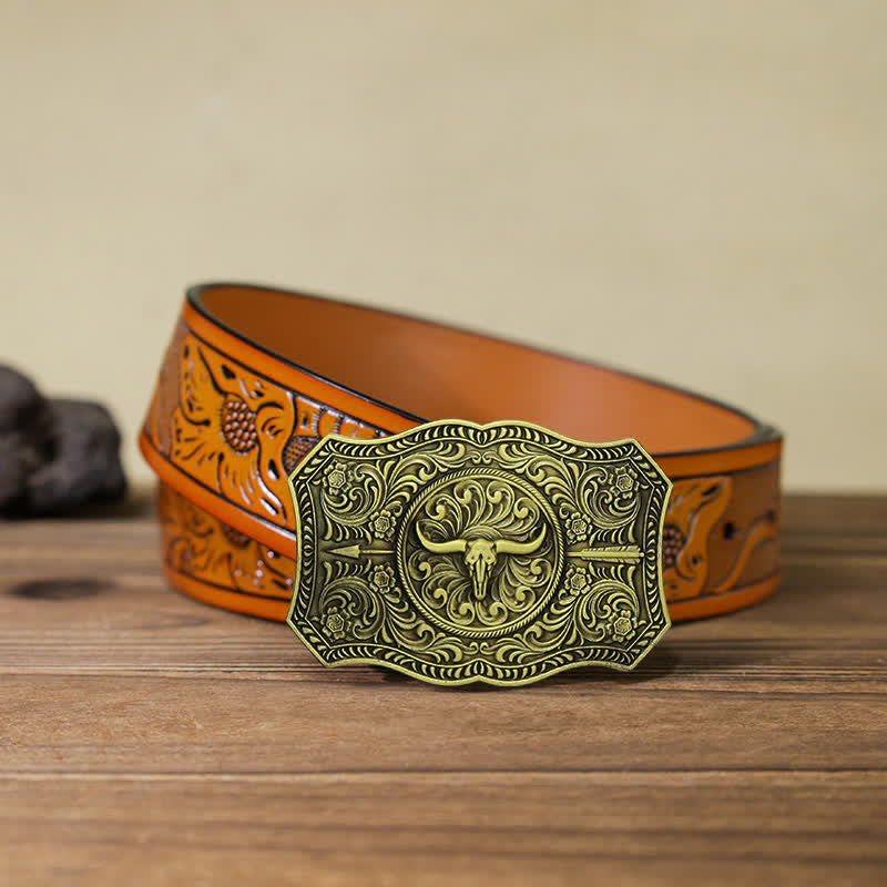 Ceinture en cuir à boucle en forme de flèche de taureau à longue corne pour homme