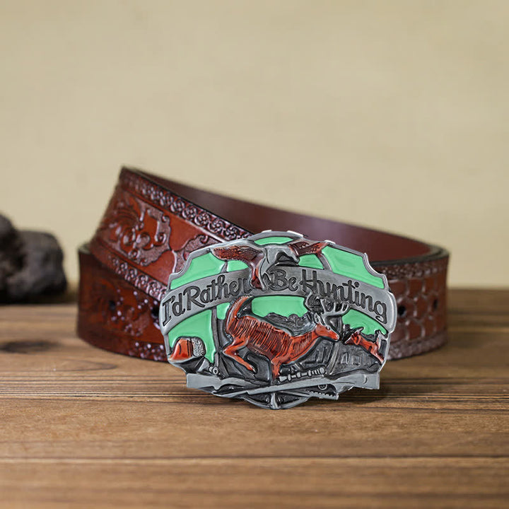 Ceinture en cuir à boucle pour homme avec motif de cerf de chasse dans la nature