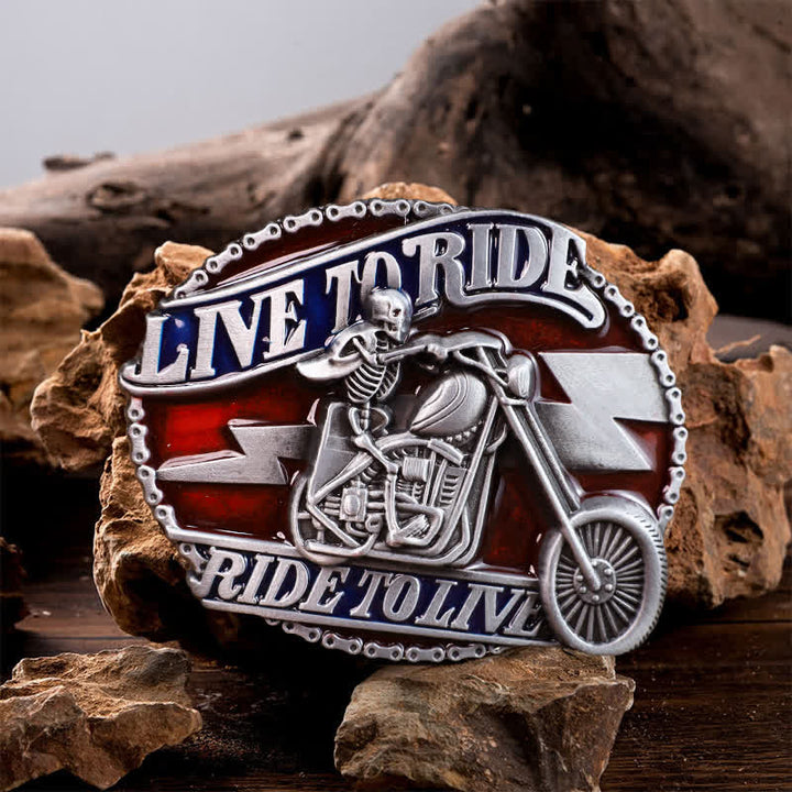 Ceinture en cuir à boucle pour homme avec tête de mort et motard Live to Ride