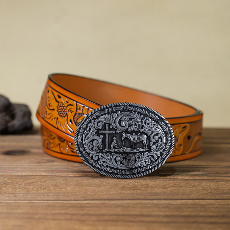 Ceinture en cuir à boucle ovale pour homme avec motif cowboy priant