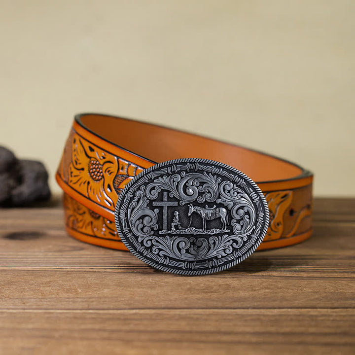 Ceinture en cuir à boucle ovale pour homme avec motif cowboy priant