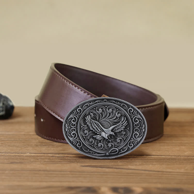 Ceinture en cuir à boucle florale gravée Soaring Eagle pour homme
