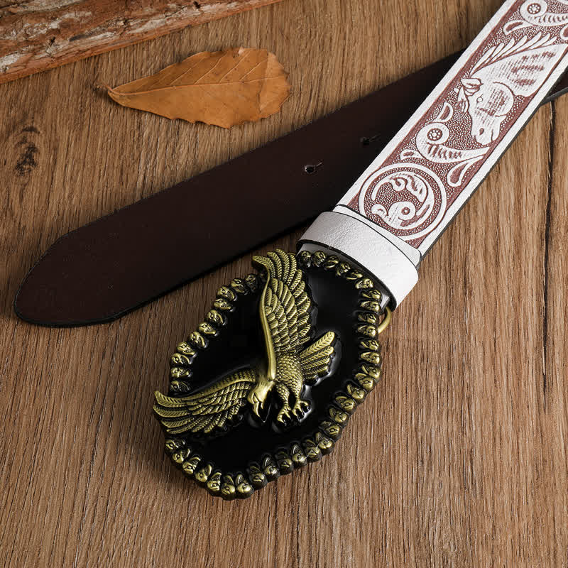 Ceinture en cuir pour homme avec motif d'aigle en or antique et faucon planant