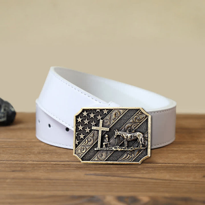 Ceinture en cuir à boucle de cheval avec croix de prière et drapeau américain pour homme