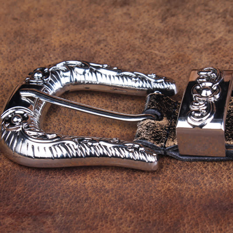 Ceinture unisexe vintage en cuir avec petit motif rose en relief