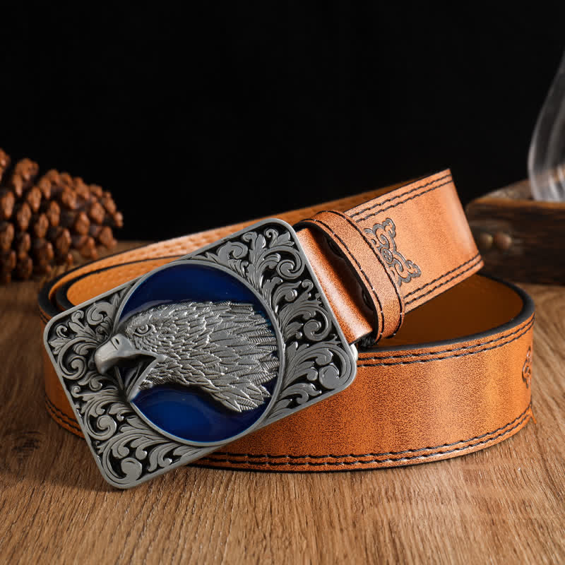 Ceinture rectangulaire en cuir western pour homme avec tête d'aigle à tête blanche