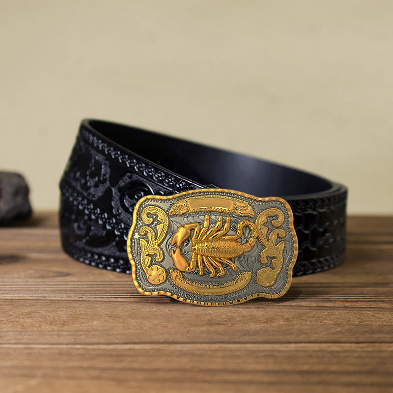 Ceinture en cuir à boucle scorpion doré pour homme