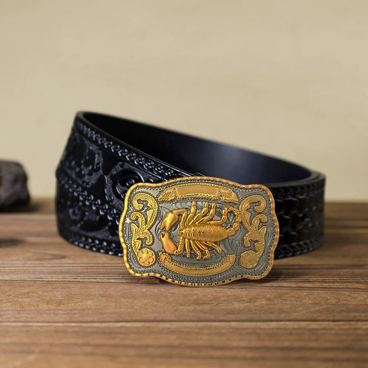Ceinture en cuir à boucle scorpion doré pour homme