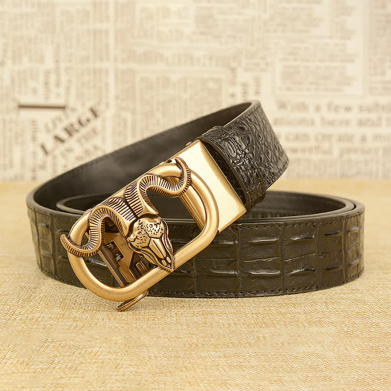 Ceinture en cuir à boucle automatique pour homme avec imprimé crocodile et tête de chèvre