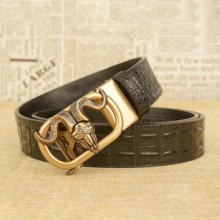 Ceinture en cuir à boucle automatique pour homme avec imprimé crocodile et tête de chèvre