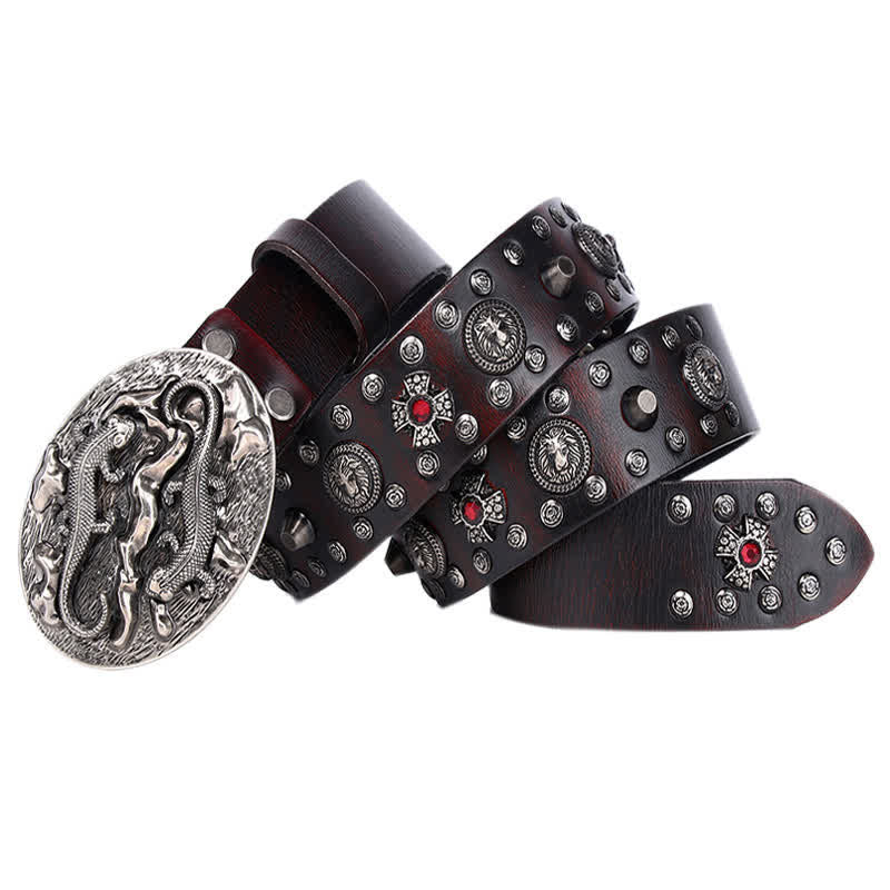Ceinture en cuir cloutée à ornement lion rubis pour homme