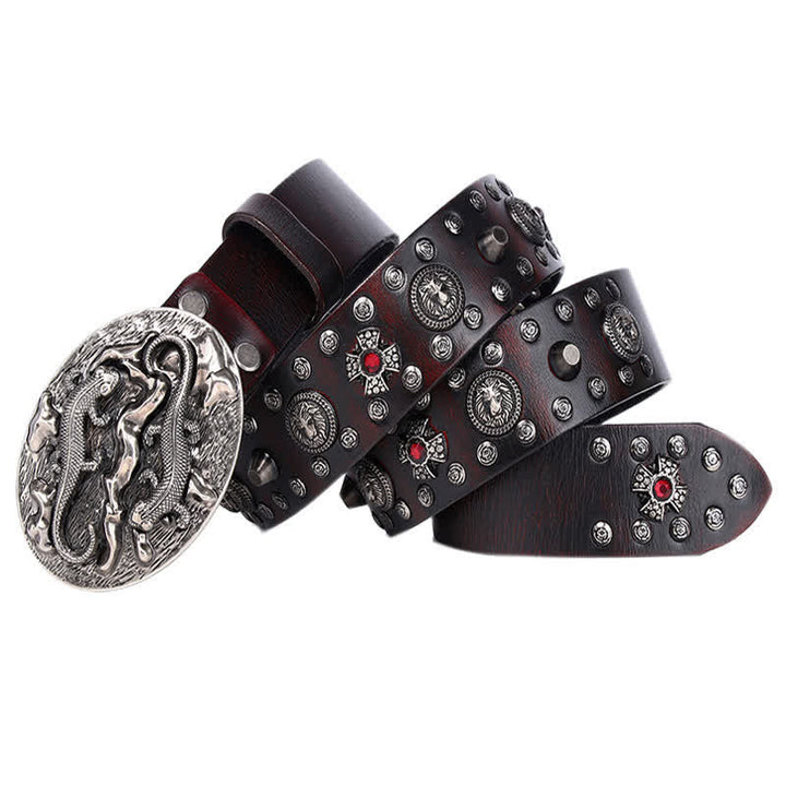 Ceinture en cuir cloutée à ornement lion rubis pour homme