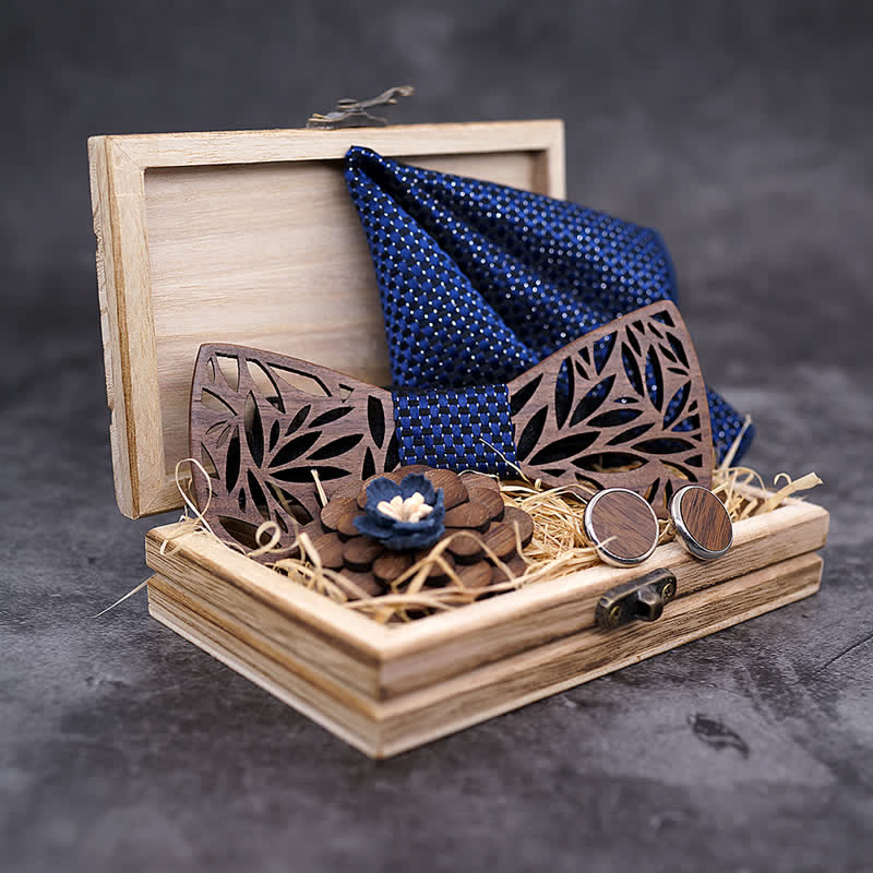 Lot de 4 nœuds papillon en bois à motif de feuilles creuses pour homme