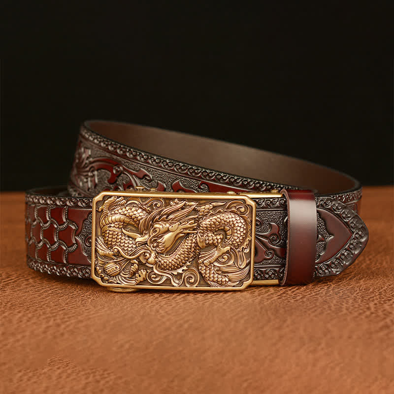 Ceinture en cuir à boucle carrée pour homme avec dragon