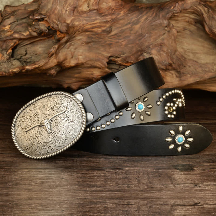 Ceinture en cuir véritable turquoise à rivets punk pour homme avec taureau à longues cornes