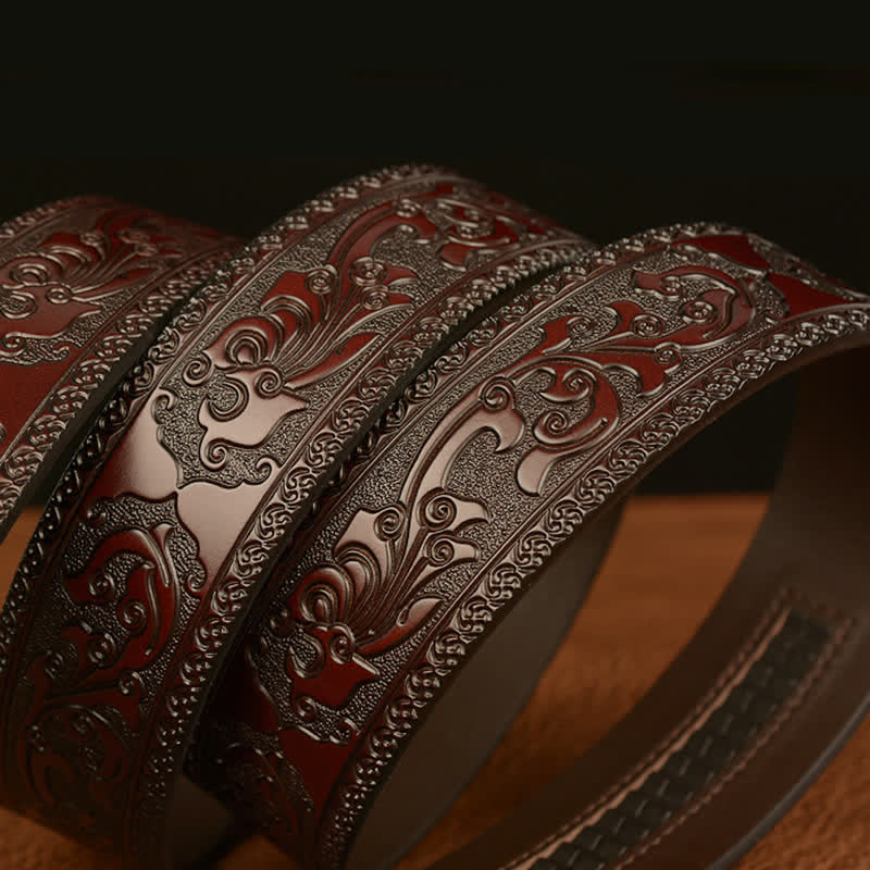Ceinture en cuir à motif floral en relief avec boucle tigrée pour homme