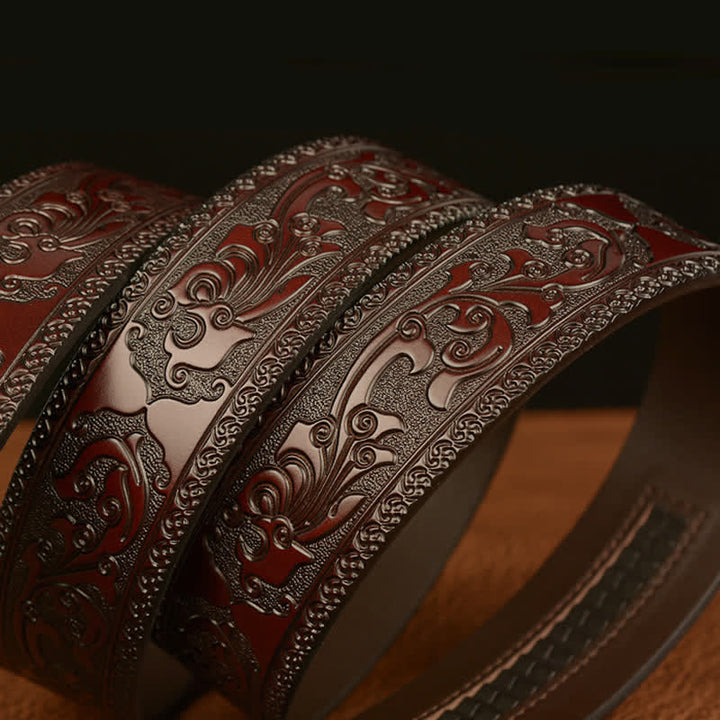 Ceinture en cuir à motif floral en relief avec boucle tigrée pour homme