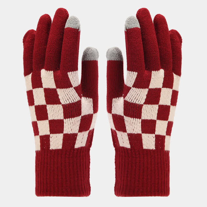 Ensemble de 3 pièces unisexe à carreaux en damier avec bonnet, écharpe et gants