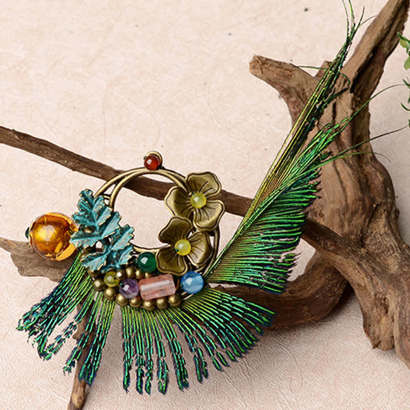 Broche rétro en bronze avec plume de paon et fleur pour femme