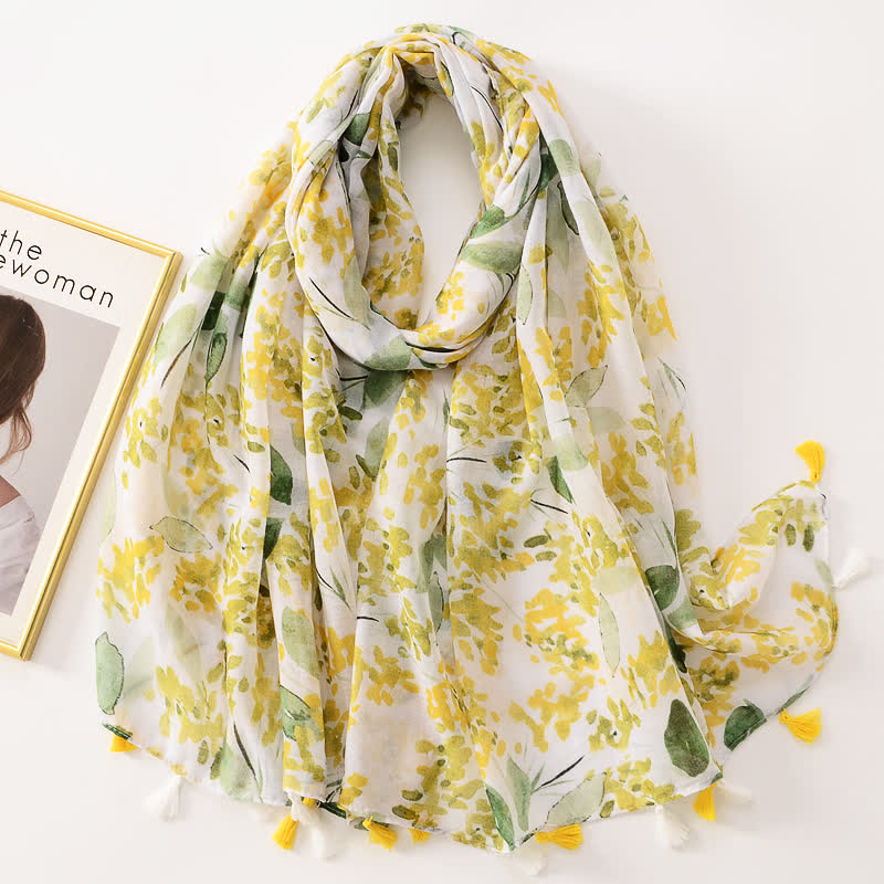 Écharpe fine à pompon et motif papillons floraux pour femme