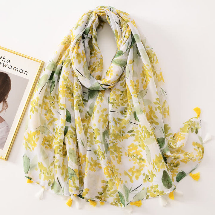 Écharpe fine à pompon et motif papillons floraux pour femme