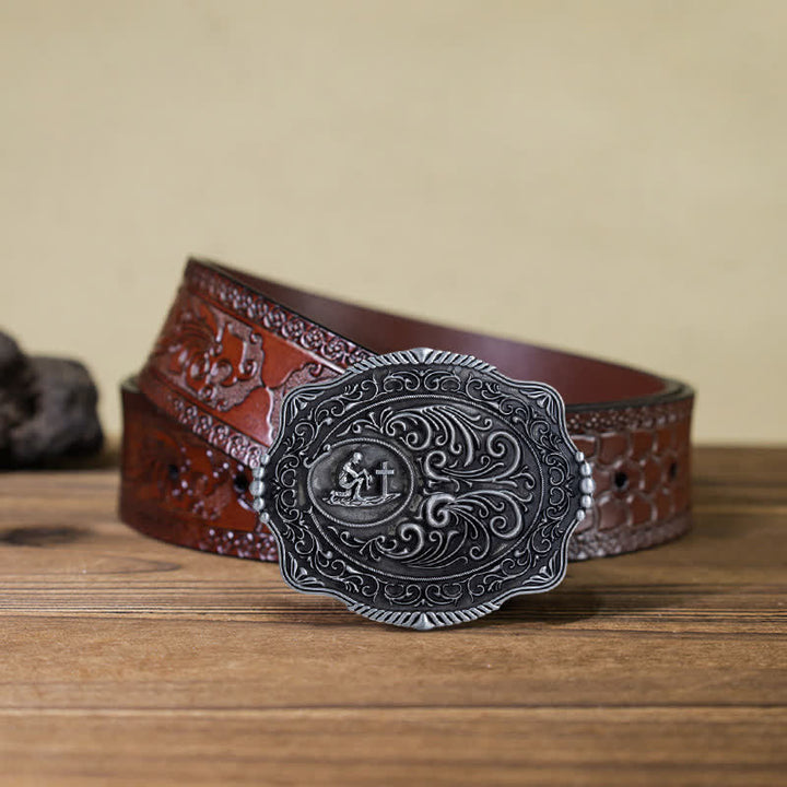Ceinture en cuir à boucle gravée pour homme avec motif floral et prière sincère
