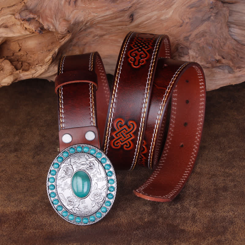 Ceinture unisexe en cuir sculpté avec agate de jade turquoise rose