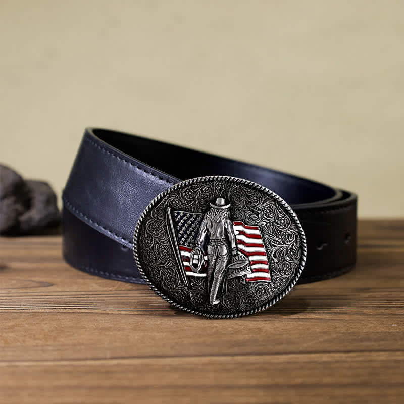 Ceinture en cuir à boucle drapeau américain pour homme avec motif cowboy
