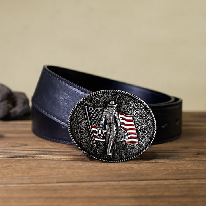 Ceinture en cuir à boucle drapeau américain pour homme avec motif cowboy