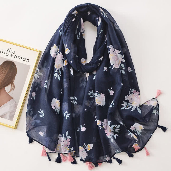 Écharpe fine à pompon et motif papillons floraux pour femme