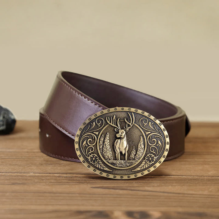 Ceinture en cuir à boucle ovale pour homme avec motif cerf forestier