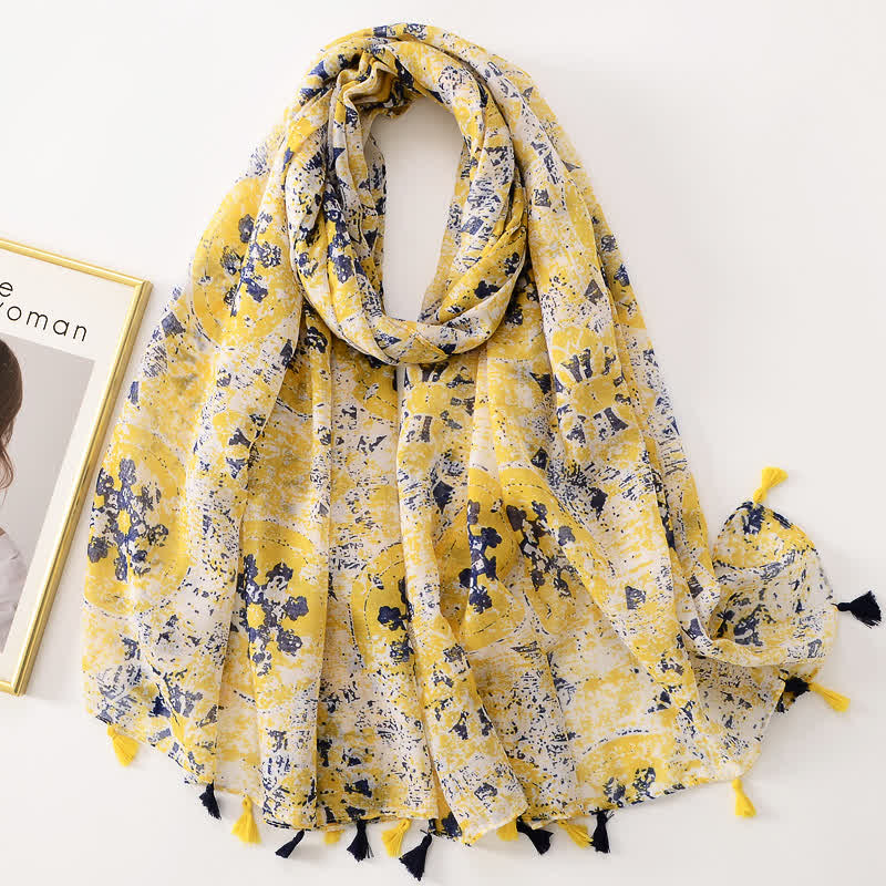 Écharpe fine à pompon et motif papillons floraux pour femme