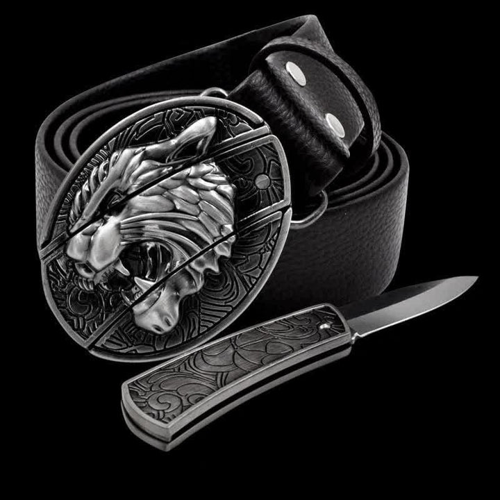 Ceinture en cuir pour homme avec couteau pliant Roaring Tiger