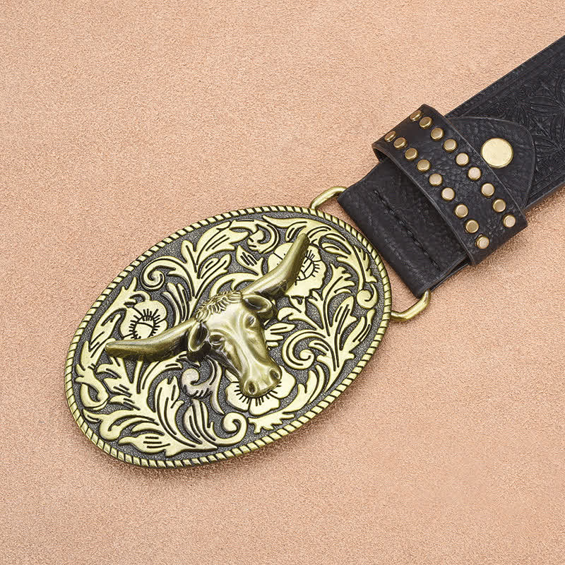 Ceinture en cuir gaufré à rivets tête de taureau pour homme