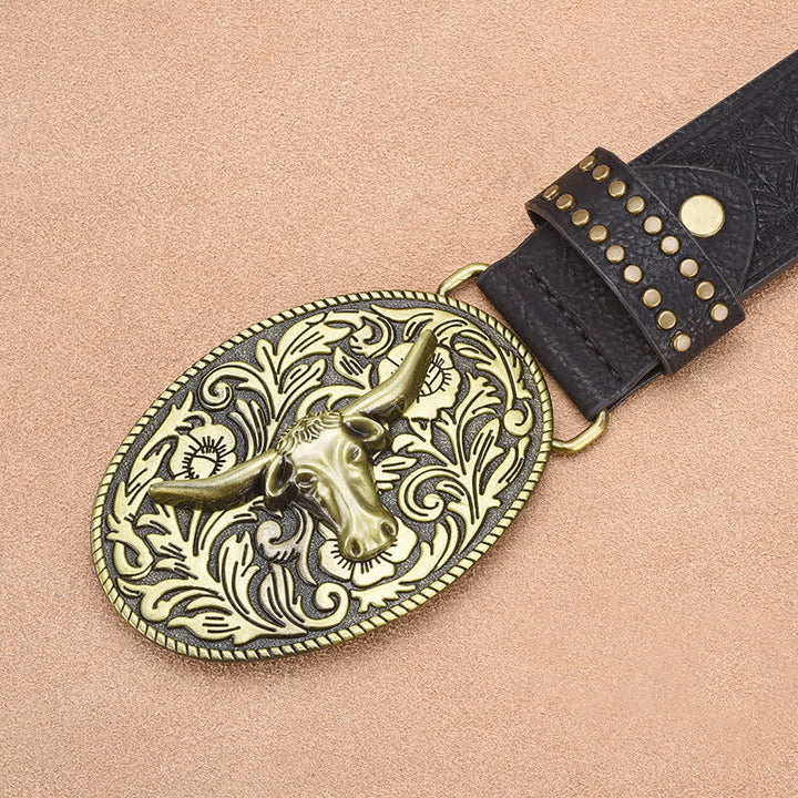 Ceinture en cuir gaufré à rivets tête de taureau pour homme