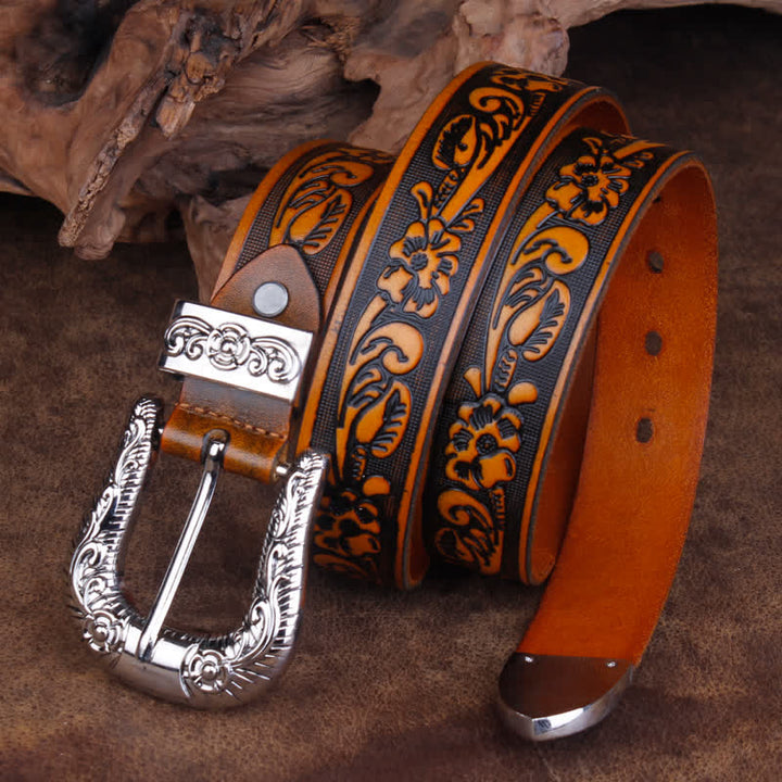 Ceinture unisexe vintage en cuir avec petit motif rose en relief