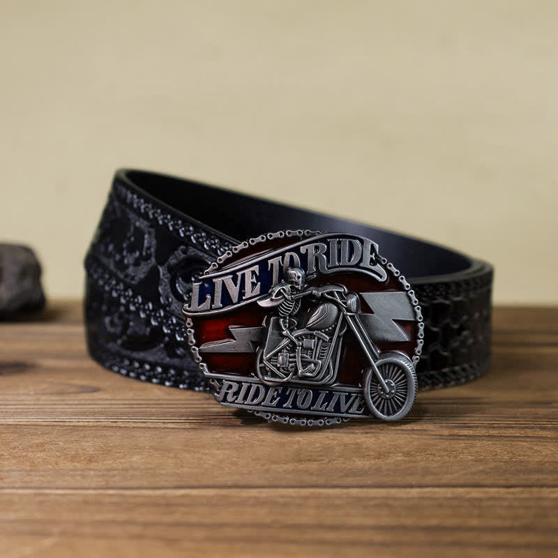 Ceinture en cuir à boucle pour homme avec tête de mort et motard Live to Ride