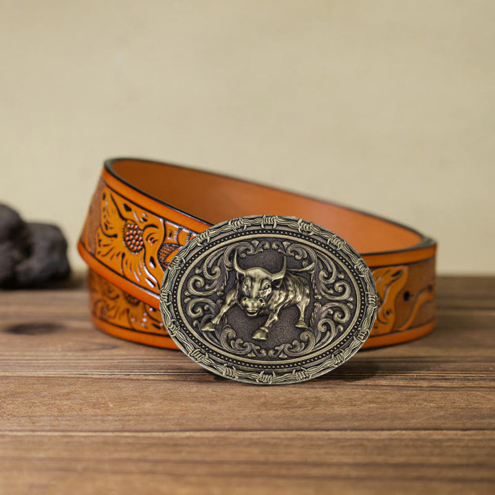 Ceinture en cuir à boucle pour homme avec motif de taureau de cow-boy