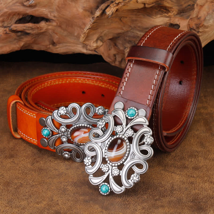 Ceinture unisexe en cuir avec pierre d'agate et fleur creuse turquoise