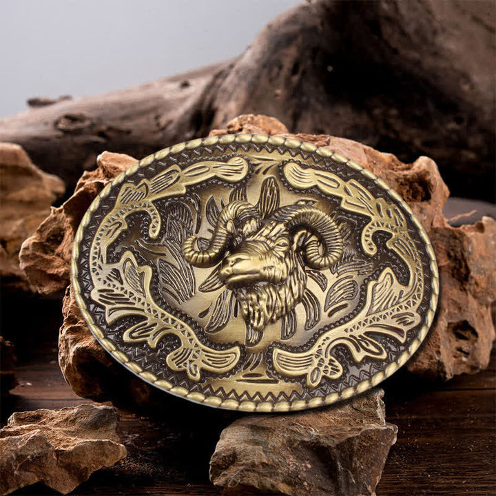 Ceinture en cuir à boucle tête de chèvre sauvage en bronze pour homme