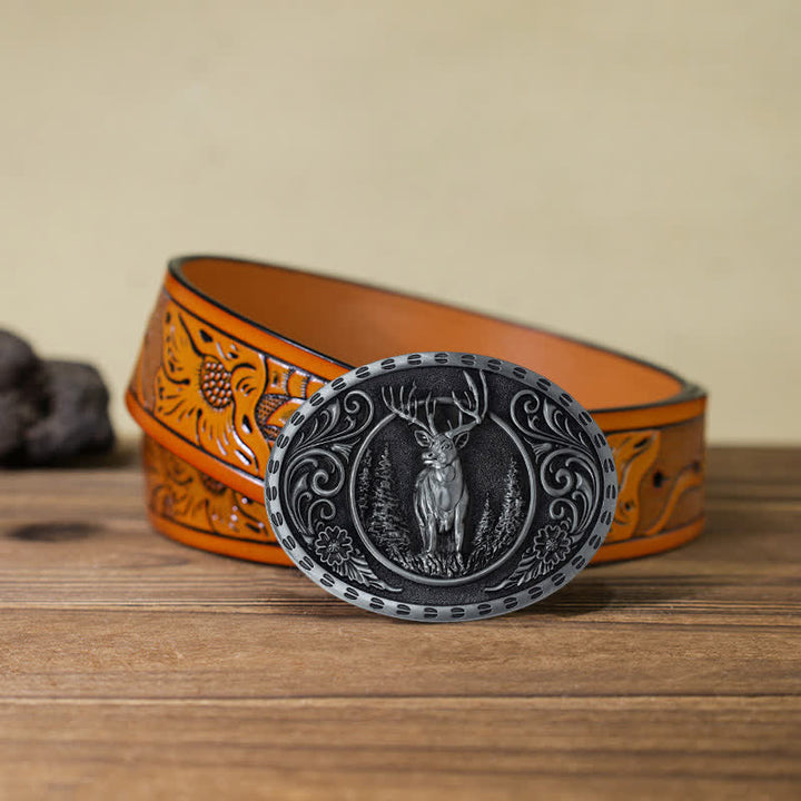 Ceinture en cuir à boucle drapeau américain pour homme avec motif de chasseur de cerfs