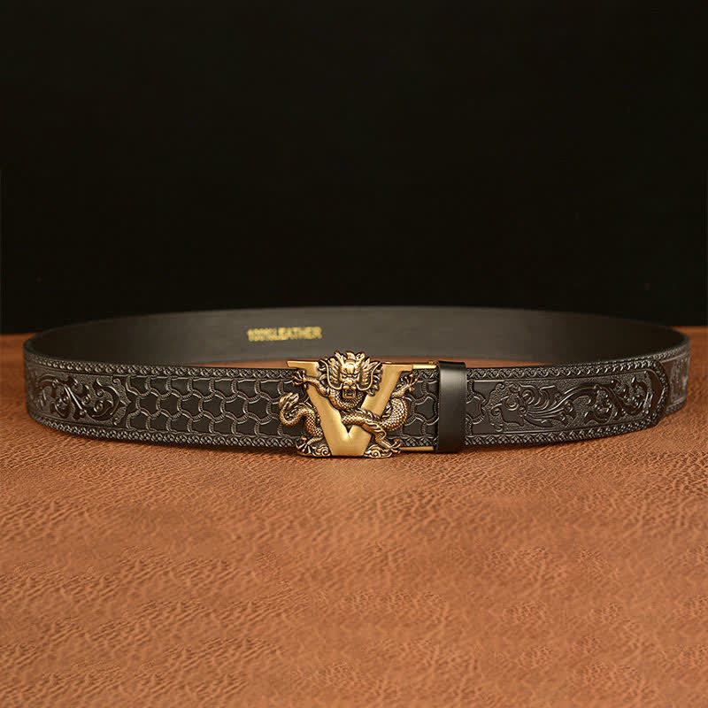 Ceinture en cuir avec motif dragon en relief et lettre V pour homme