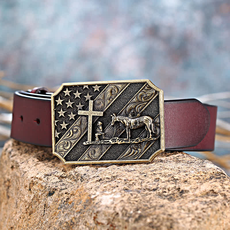 Ceinture en cuir à boucle de cheval avec croix de prière et drapeau américain pour homme