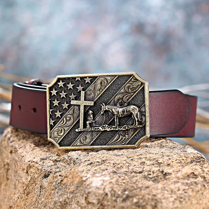 Ceinture en cuir à boucle de cheval avec croix de prière et drapeau américain pour homme