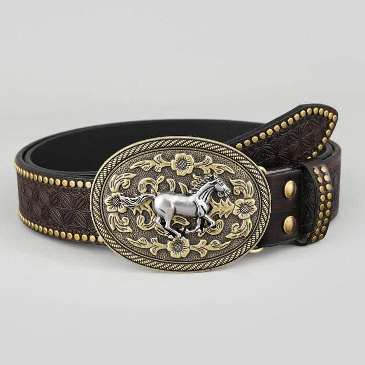 Ceinture en cuir à boucle florale pour homme avec motif cheval fort