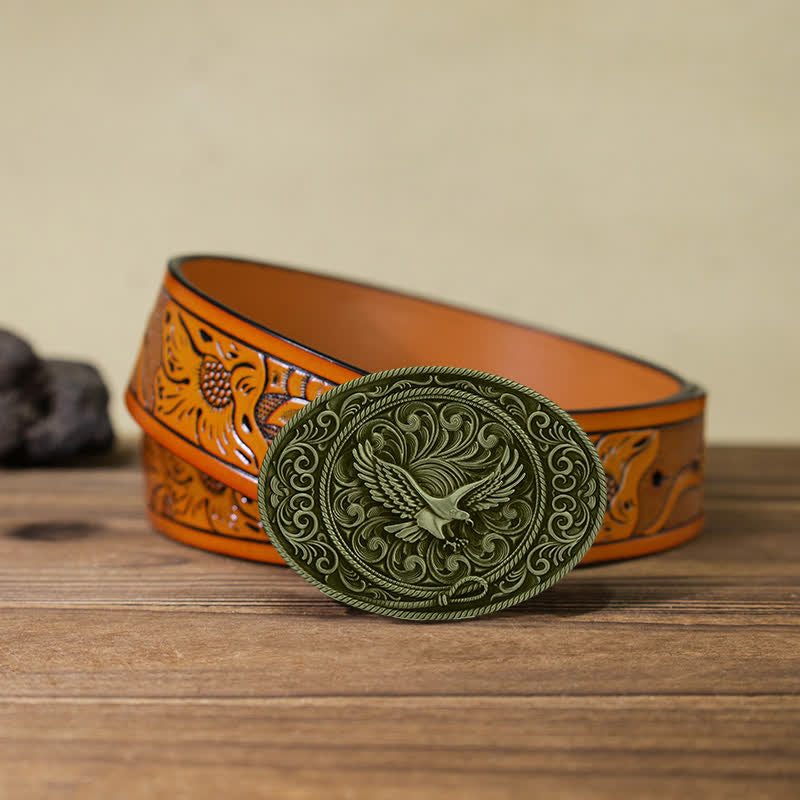 Ceinture en cuir à boucle florale gravée Soaring Eagle pour homme