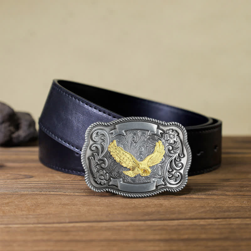 Ceinture en cuir à boucle animalière sculptée en or pour homme - Aigle - Ceinture en PU noir (40) - image 12