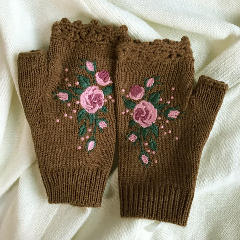 Gants tricotés demi-doigts brodés de fleurs pour femmes