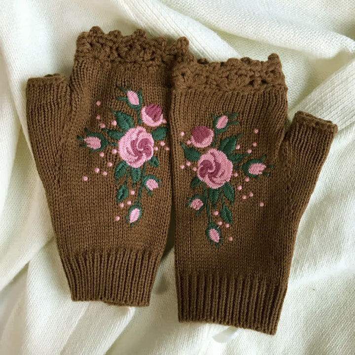 Gants tricotés demi-doigts brodés de fleurs pour femmes